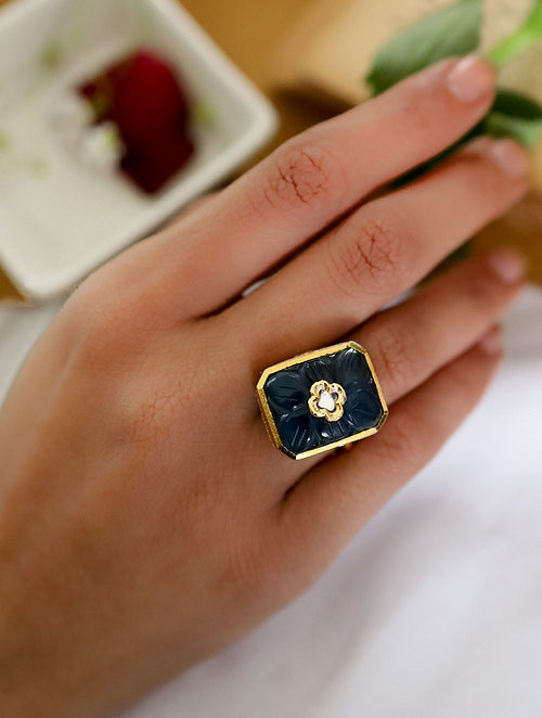Blue Gold Plated Kundan Adjustable Ring
