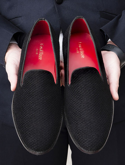Black Handcrafted Velvet Shoes For Men