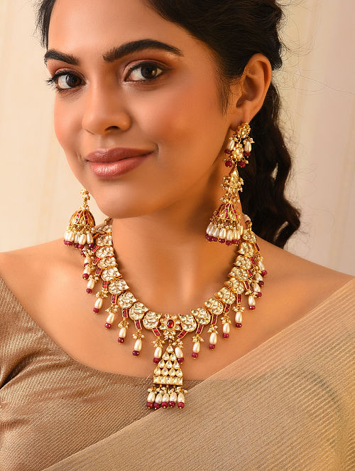 Pink White Gold Tone Kundan Necklace Set with Pearls