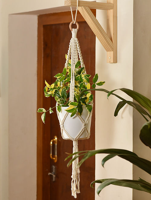 Off White Cotton Macrame DIY Craft Kit Plant Hanger (L- 9in, W- 5in, H- 3in)