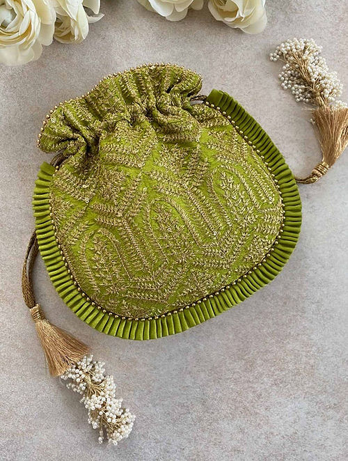 Green Embroidered Poly Silk Potli