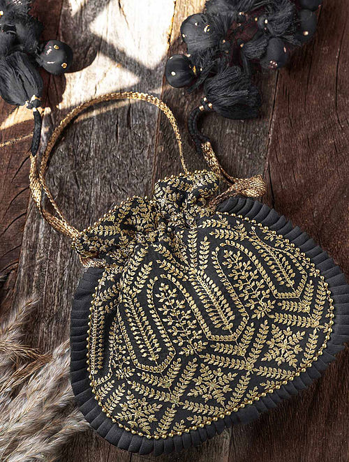 Black Embroidered Poly Silk Potli