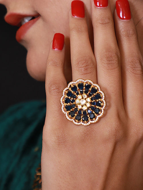Blue Gold Plated Polki Silver Ring With CZ
