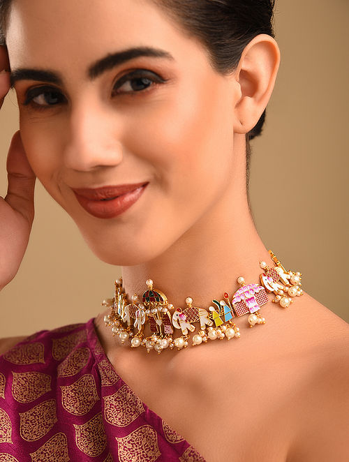 Buy Matt Gold AD Mix Round Indian Choker Necklace Set Online in Malaysia