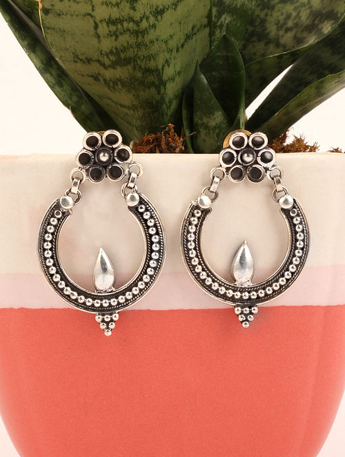 Black Tribal Silver Earrings With Onyx