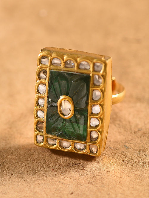 Gold Polki Adjustable Ring With Emeralds