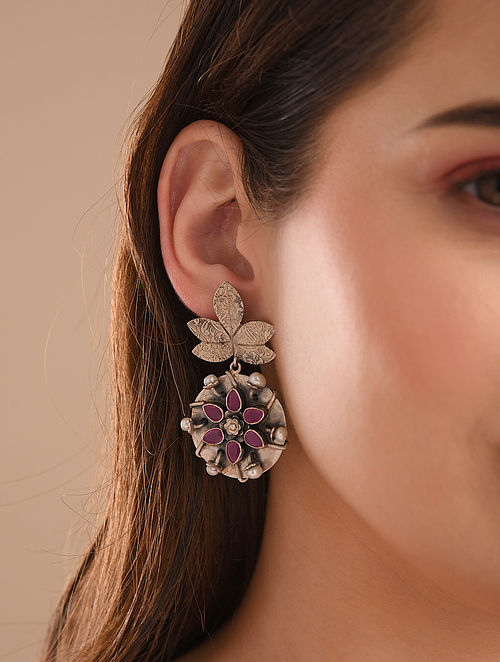 Pink Tribal Silver Earrings With Ruby