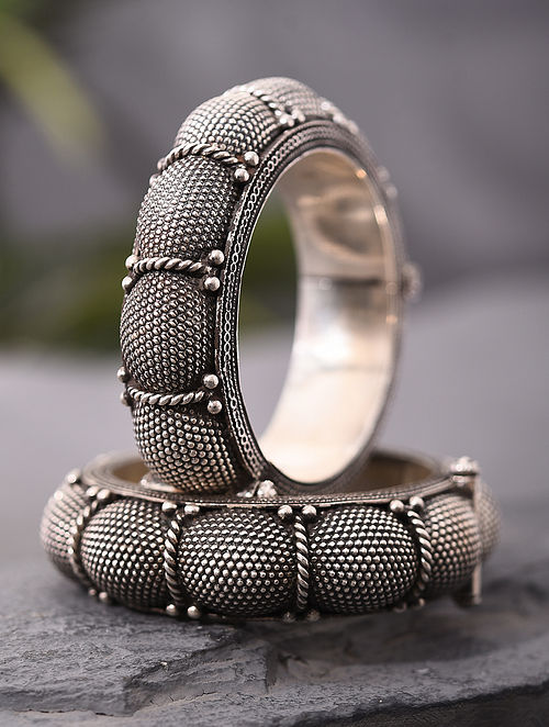 Tribal Silver Bangles (Size: 2/6) (Pair)