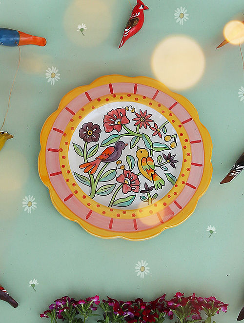 Pink And Yellow Handpainted Ceramic Chirpie Birds Wall Plate (D- 10in)