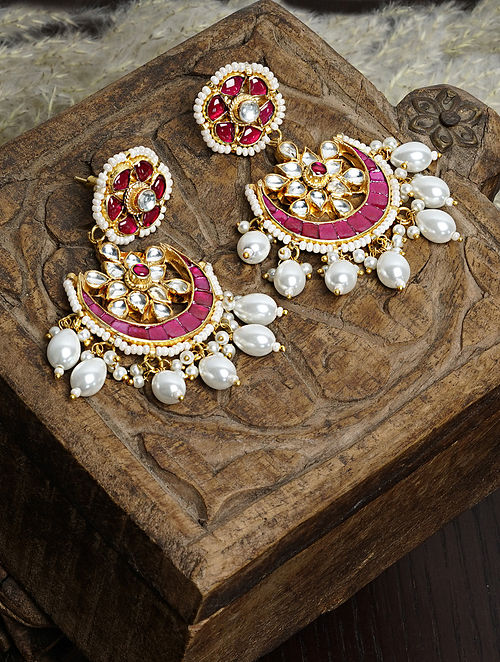 Pink Orange Stone Oxidised Chandbali Earrings | FashionCrab.com