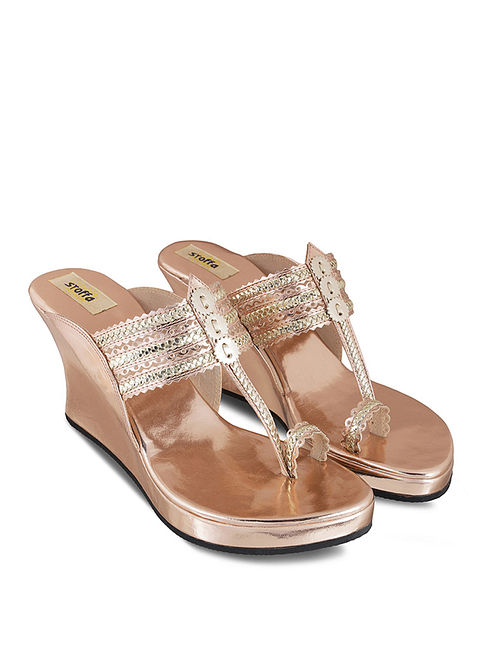Rose Gold Handcrafted Faux Leather Kolhapuri Wedges