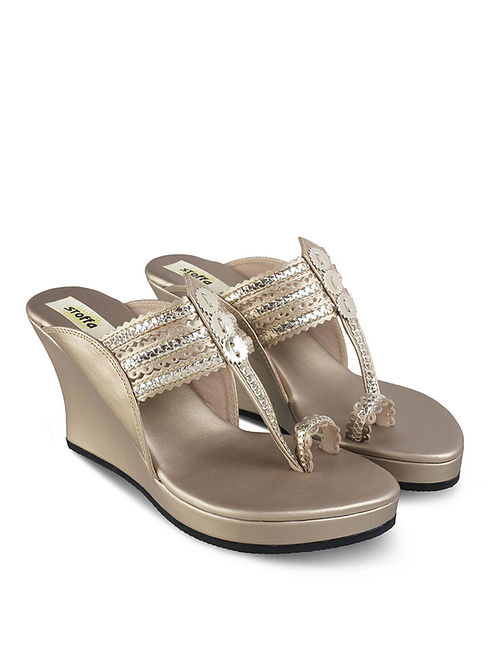 Champagne Handcrafted Faux Leather Kolhapuri Wedges