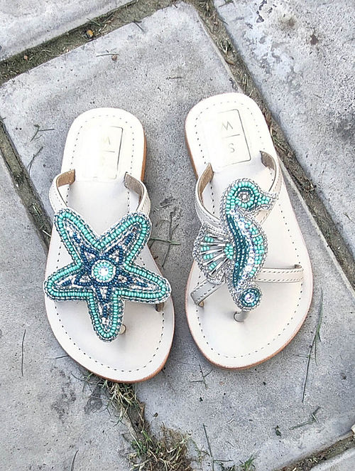 Blue Handcrafted Beaded Leather Falts For Girls