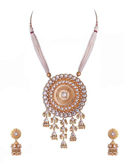 White Gold Plated Kundan Necklace Set