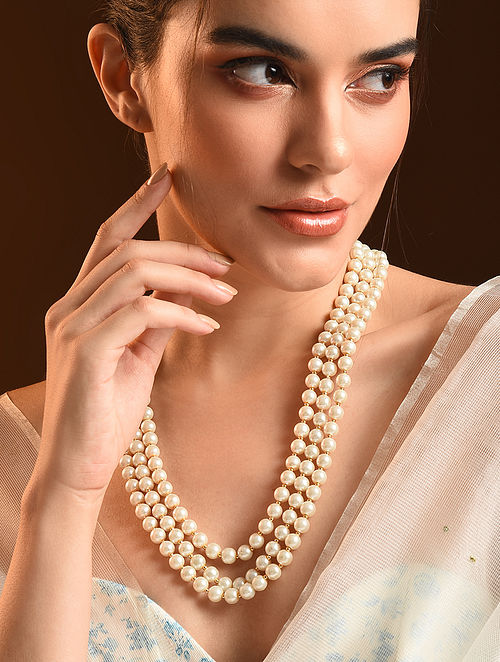 White Gold Tone Beaded Layered Necklace with Pearls