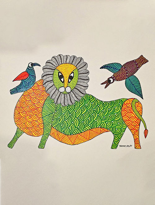 Multicolored Handpainted King Of The Jungle Gond Artwork On Paper (L- 14in, W- 10in)