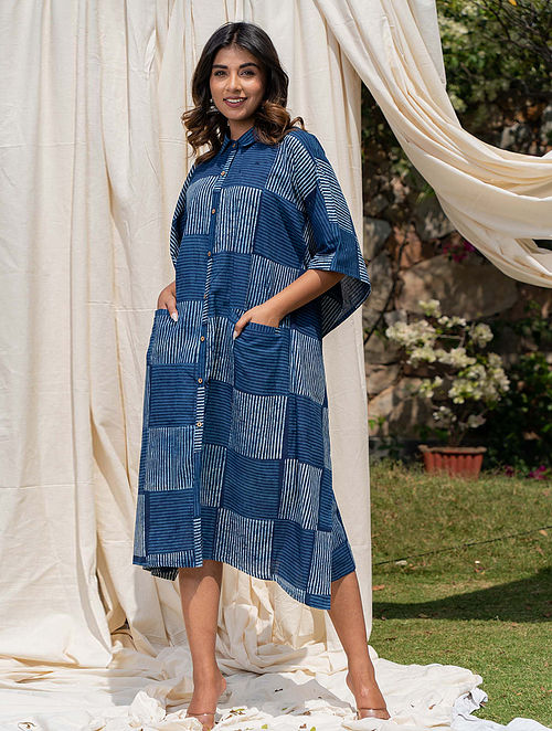 Buy Indigo Blue Block Printed Cotton Kaftan with Pockets Online at ...