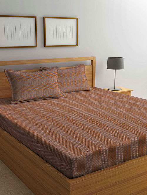 Brown Handwoven Cotton Bedsheet With Pillow Covers (Set Of 3)