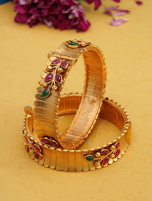 Pink Green Gold Tone Temple Hinged Bangles (Size-2/4)