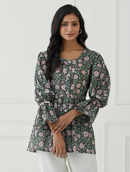 Meraki Multicolor Hand Block Printed Cotton Top with Puffy Sleeves