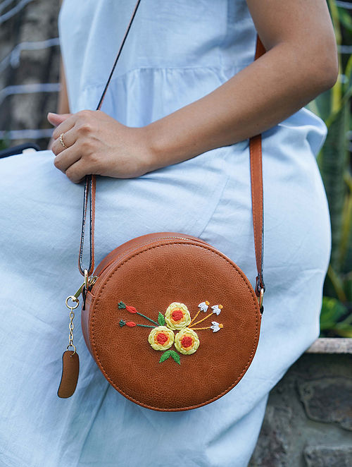 Buy Tan Brown & Denim Floral Round Sling Bag Online