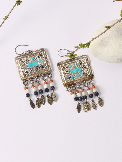 Handcrafted Vintage Silver Earrings With Lapis Coral And Feroza Stone