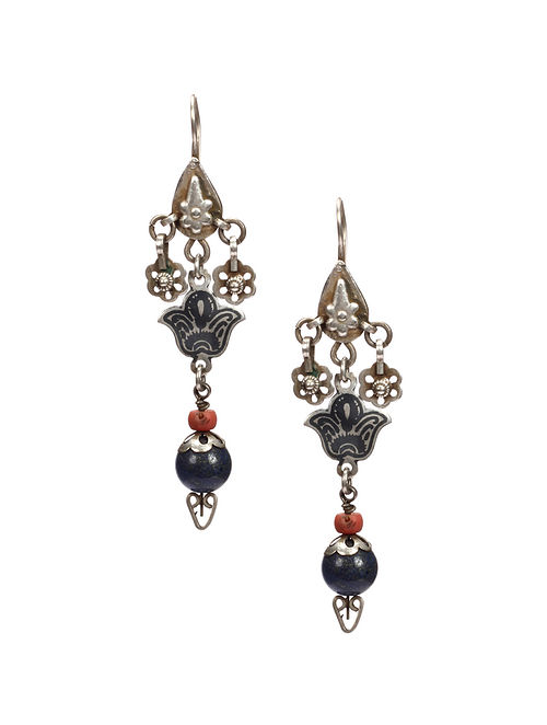 Handcrafted Vintage Silver Earrings With Lapis And Coral Stone