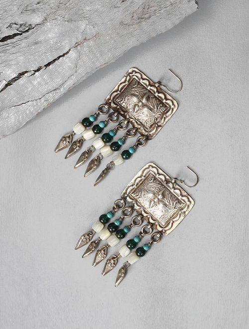 Handcrafted Vintage Silver Earrings With Feroza And Old Glass Stone