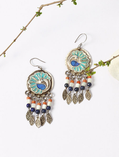 Handcrafted Vintage Silver Earrings With Coral And Lapis Stone