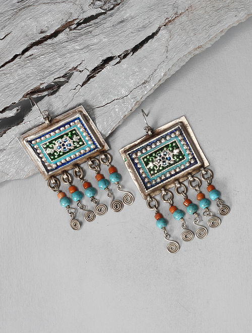 Handcrafted Vintage Silver Earrings With Coral And Feroza Stone