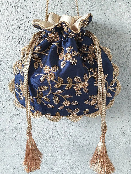 Navy Blue Hand Embroidered Silk Potli