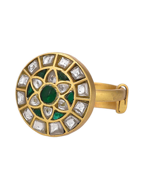 Green Gold Plated Silver Adjustable Ring With Synthetic Mossainite Polki And Coloured Stones
