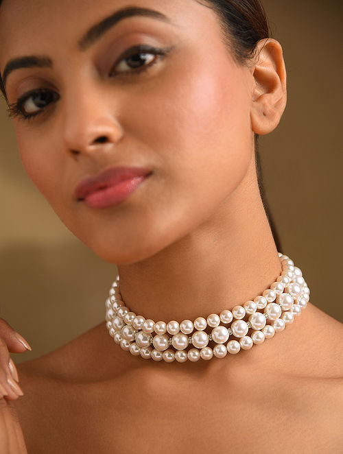 White Pearl Beaded Choker Necklace