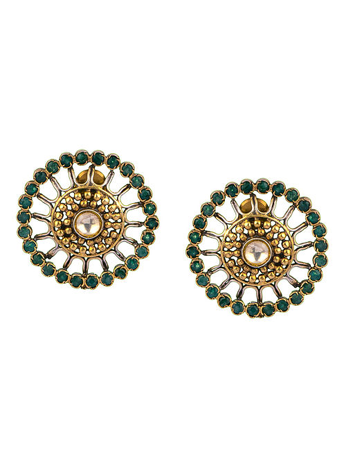 Gold Plated Silver Kundan Earrings With Green Onyx And Pearls