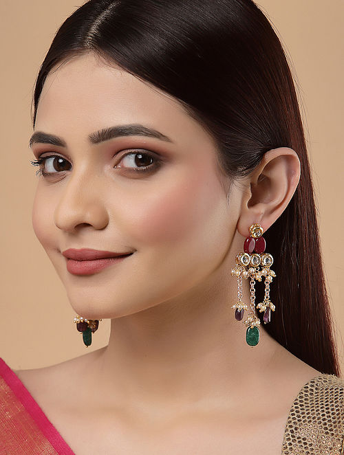 Buy Multicolor Gold Tone Kundan Earrings Online at Jaypore.com
