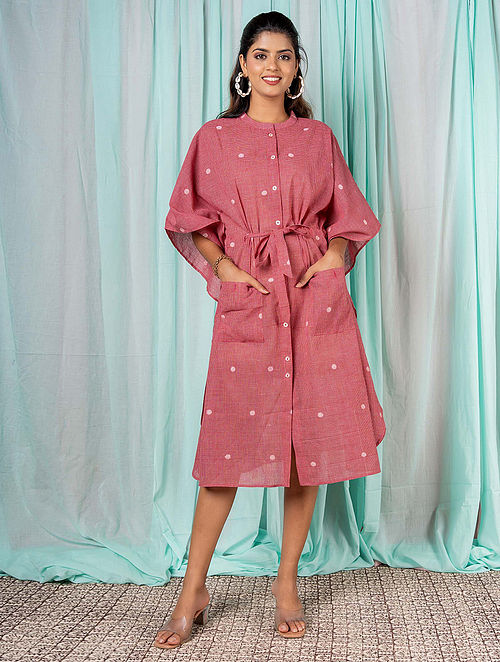 Red Cotton Checked Kaftan with Pockets
