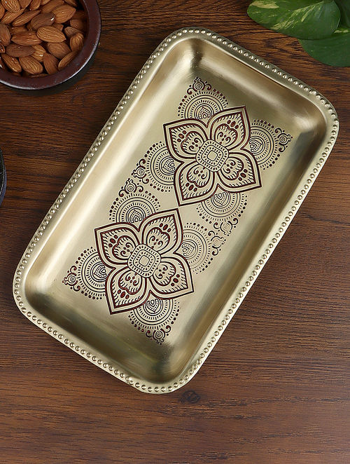 Golden And Maroon Hand Painted Brass Tray (L- 9in, H- 6in)