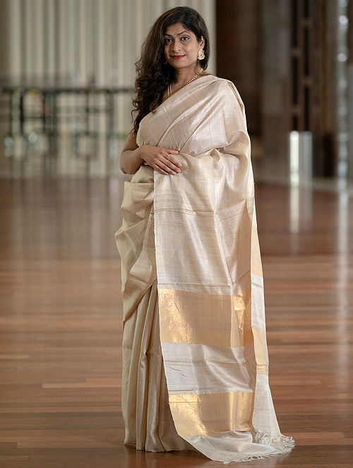 Cream Jute Tussar Printed Block Silk Saree - Prasiddhi Silks