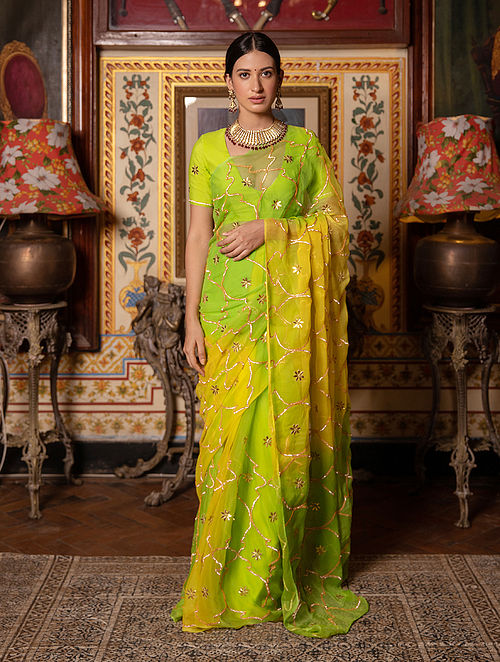Archiecs Creations Alluring Jaipuri Gota Patti Chiffon Saree (With Blouse  Piece) - Yellow