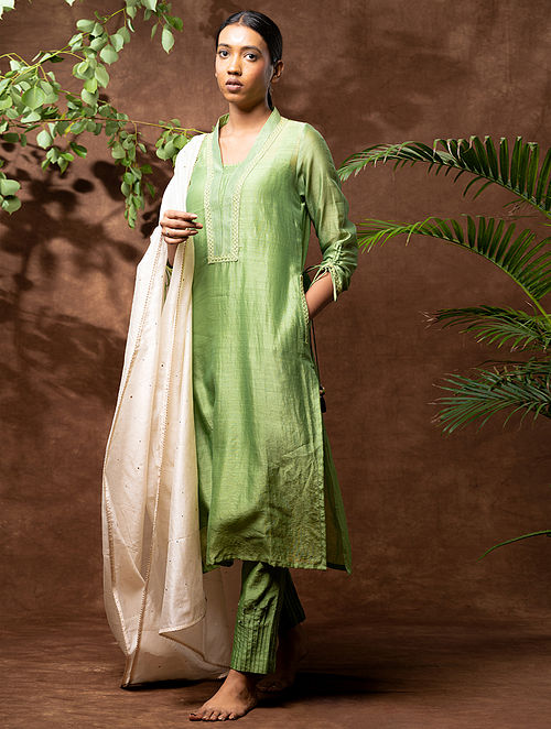 Get Parrot Green Elephant Embroidered Pleated Kurti With Pink Checkered  Tulip Pants at  1749  LBB Shop