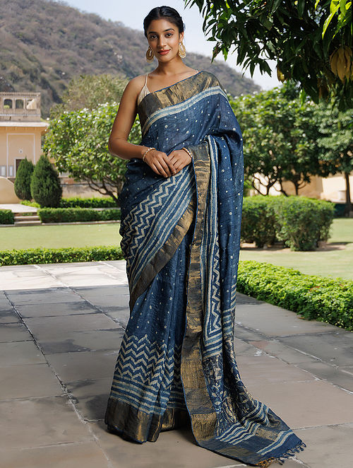 Hand Block Printed Tussar Silk Saree with Bird and Floral Theme BBPRTS –  bbaawri