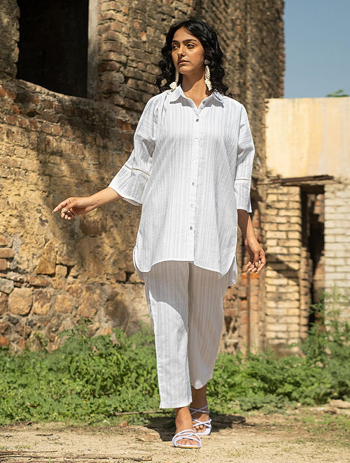 Buy White Oversized Button Down Shirt Style Cotton Kurta with Straight  Pants Co-Ord Set (Set of 2) Online at