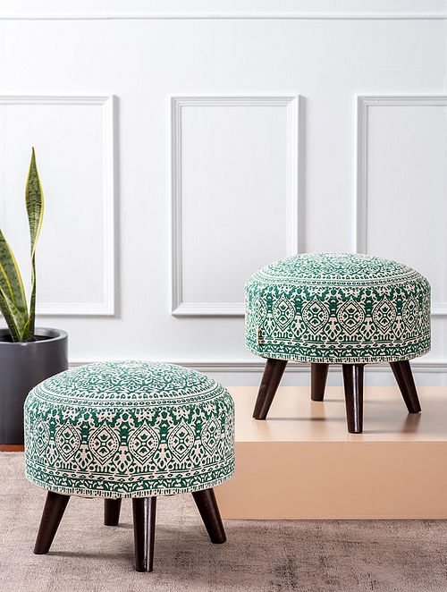Green Leaf Printed Ottoman (Set Of 2) (Dia- 16in, H- 14in)