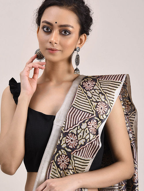 Buy Grey-Black Block Printed Tussar Silk Saree With Kantha Embroidery  Online at 