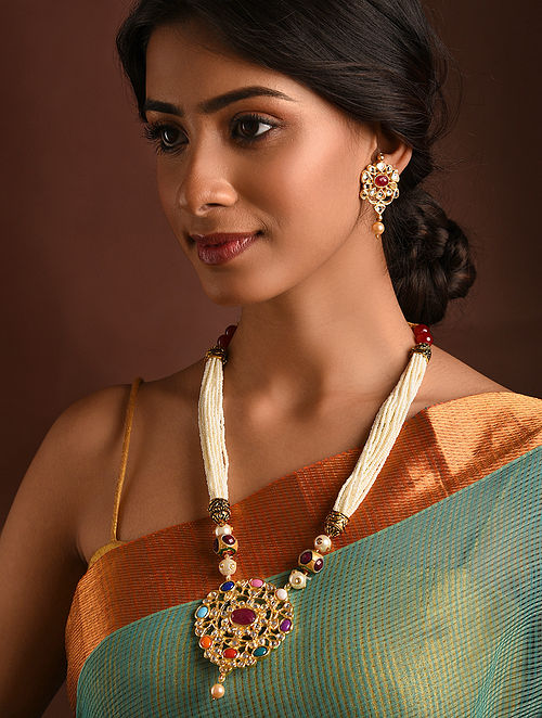 Multicolored Navratan Gold Tone Kundan Necklace And Earrings
