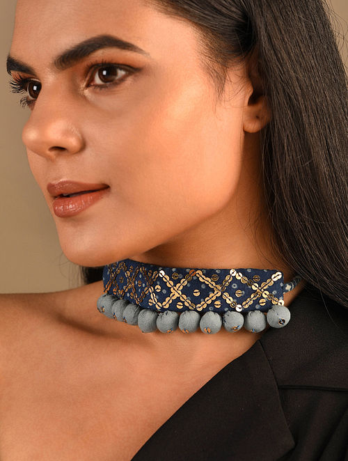 Buy Blue Upcycled Fabric Choker Necklace Online Jaypore.com