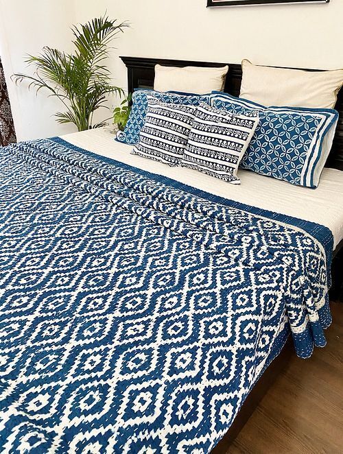 White and Blue Hand Block Printed Kantha Bed Cover (L - 104in, W - 88in)