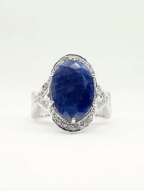 Blue Silver Ring with Natural Sapphire (Size: 15)
