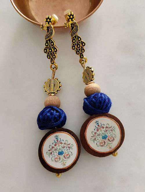 Blue Gold Tone Wooden Painted Earrings