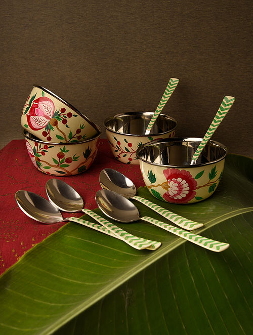 Yellow Handpainted Steel Upahaar Bowls With Spoons (Set Of 4)